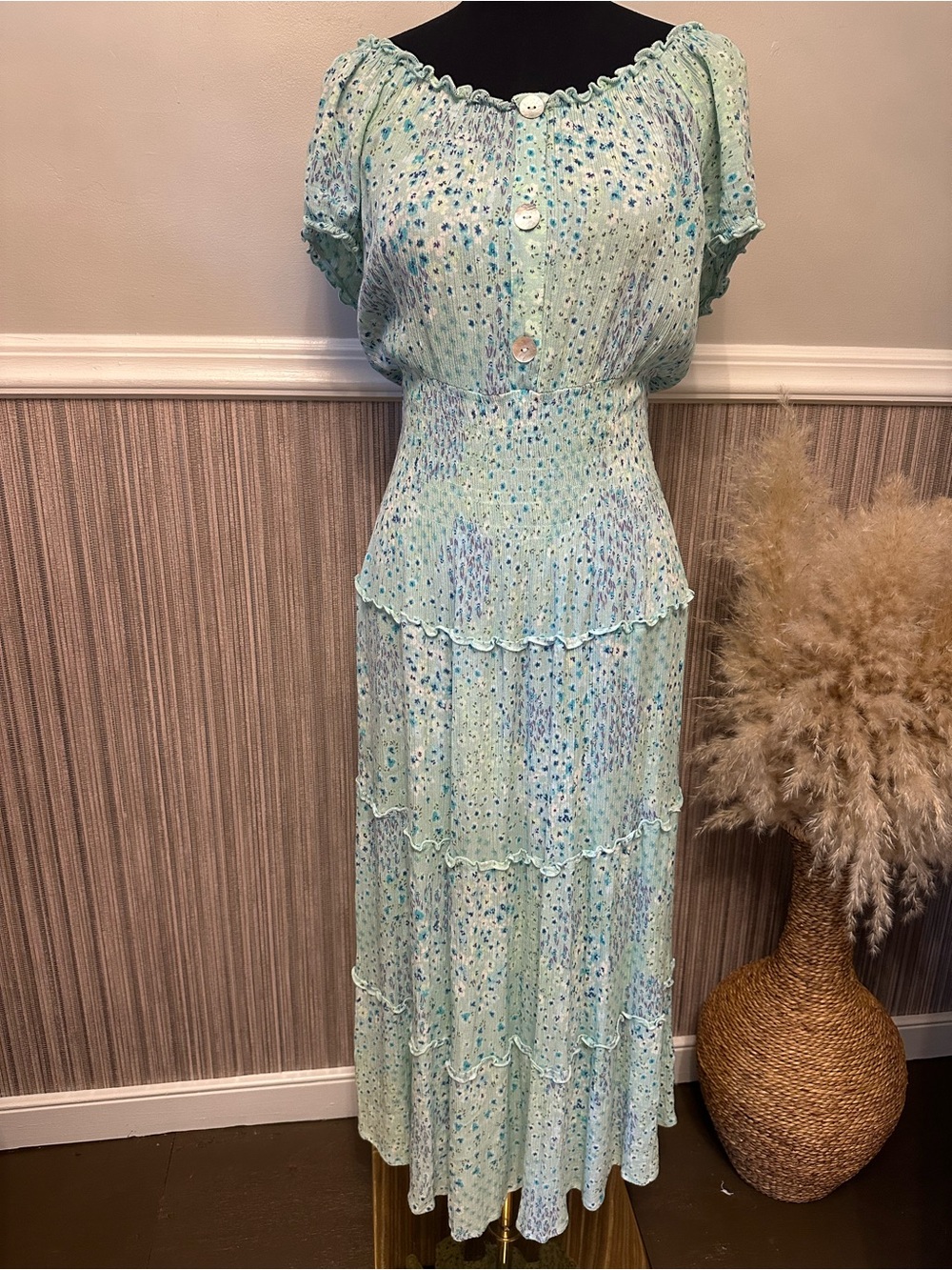 Figueroa & Flower Mint Floral Smocked Midi Dress‎ Off Shoulder Puff Sleeve Large